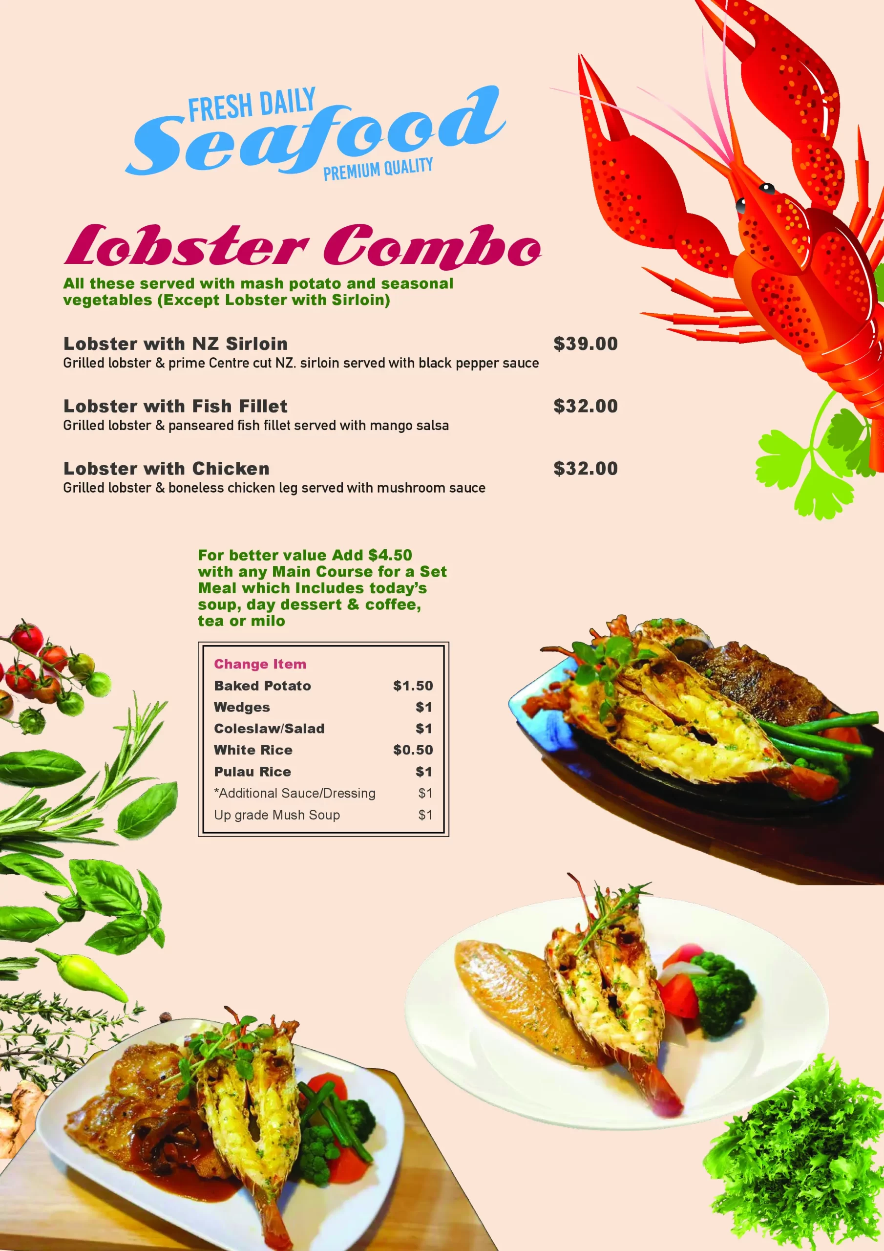Tim’s Restaurant Singapore lobster combo , chicken Menu & Price List 2022
