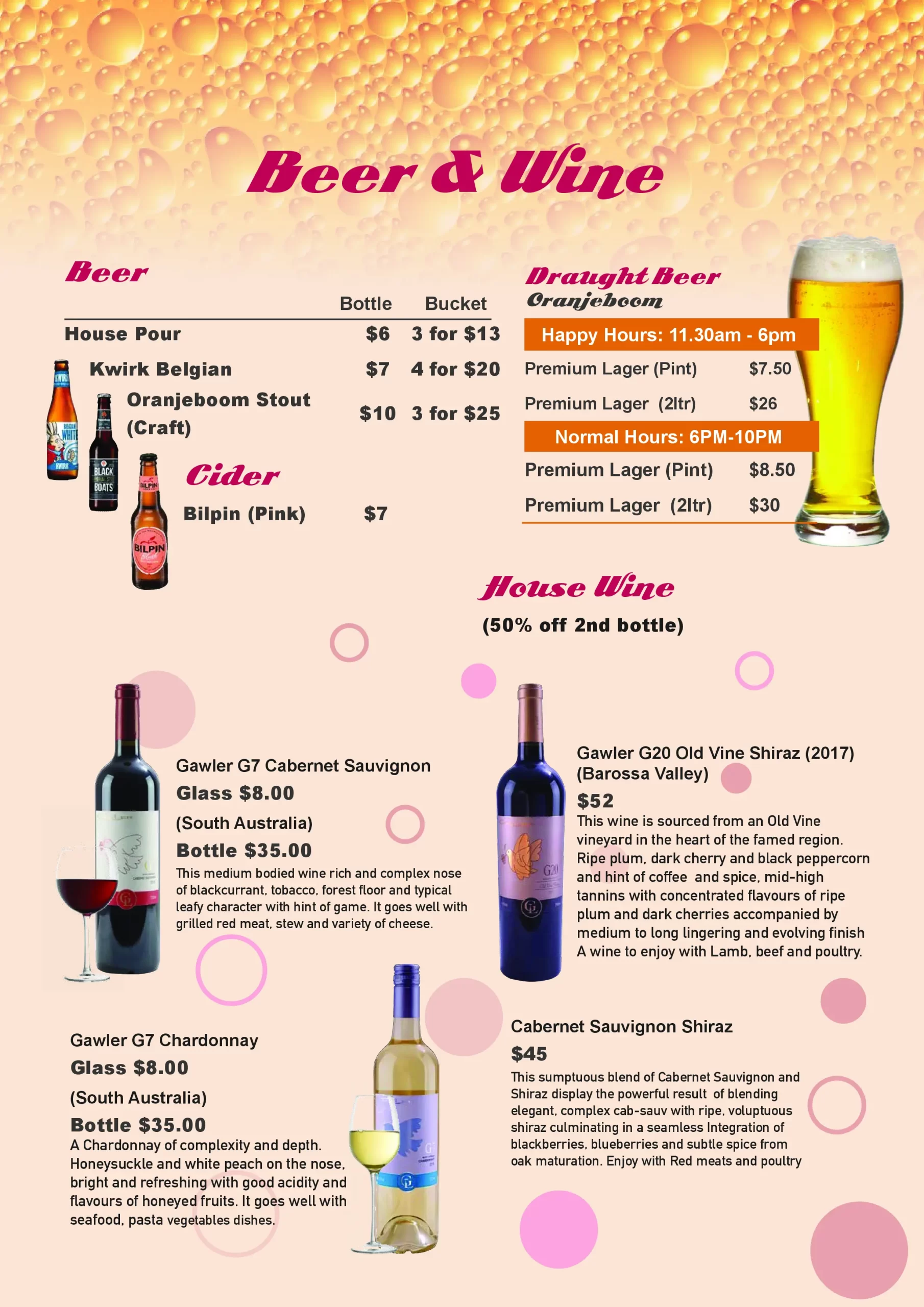 Tim’s Restaurant Singapore beer wine house wine Menu & Price List 2022