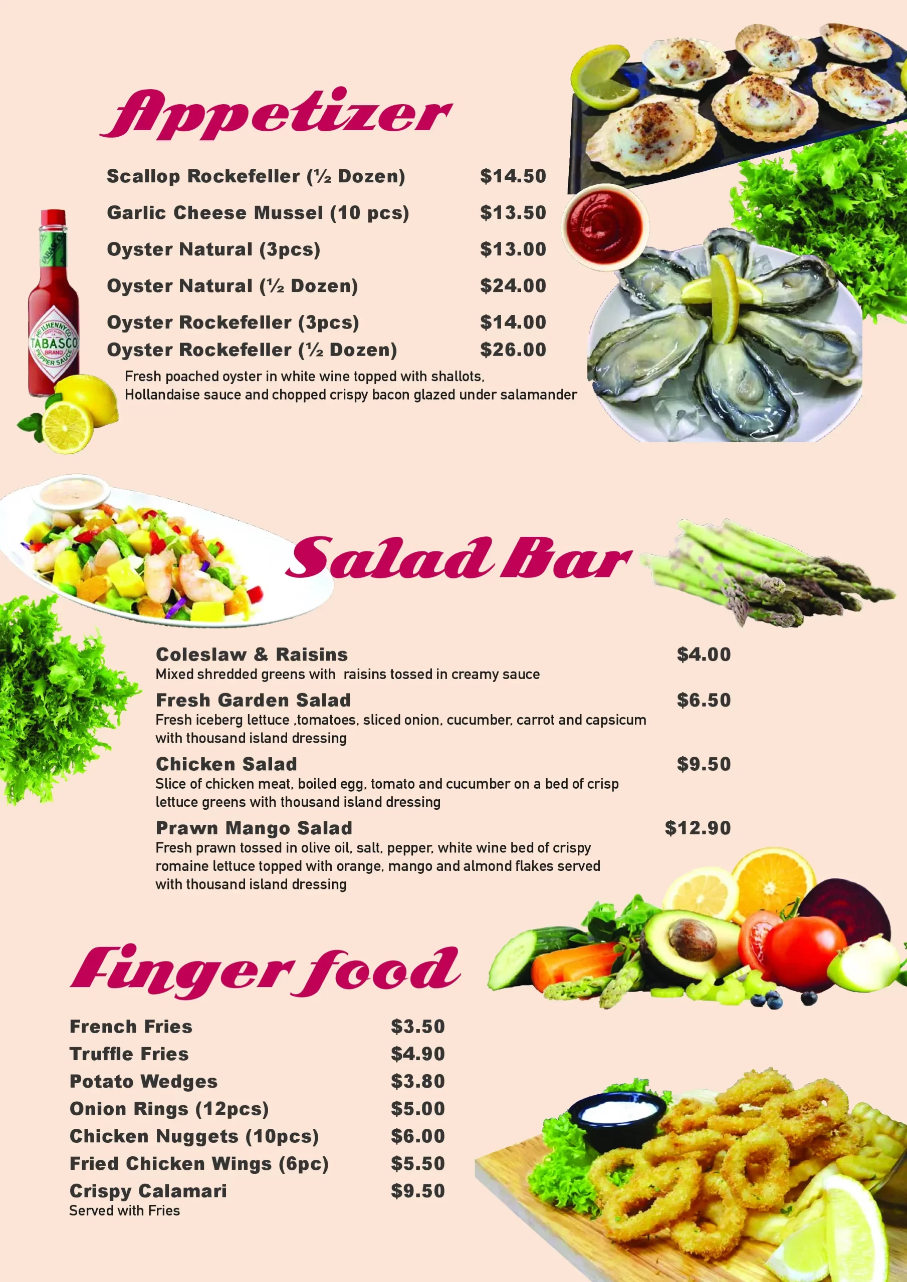 Tim’s Restaurant Singapore appetizer , salad bar, Menu & Price List 2022