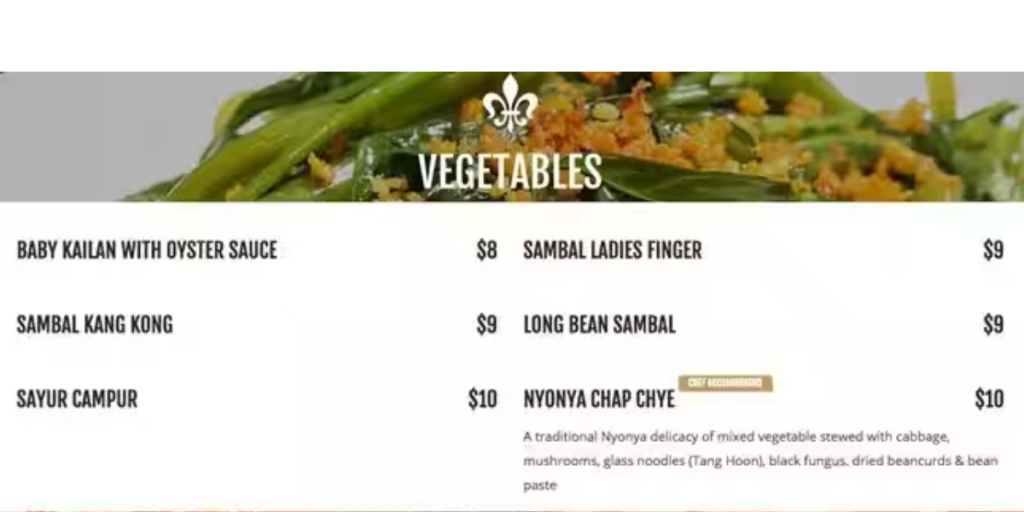 Babalicious Vegetable menu