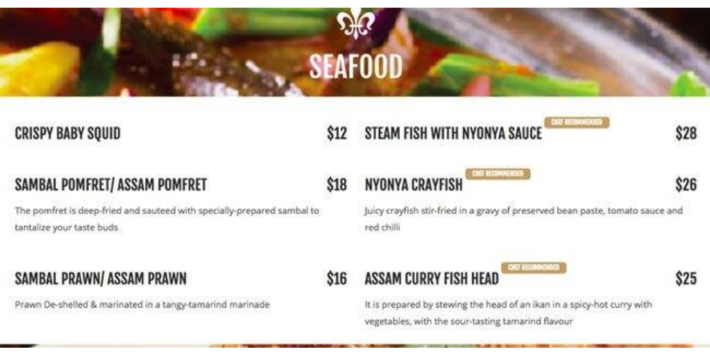 Babalicious Seafood menu