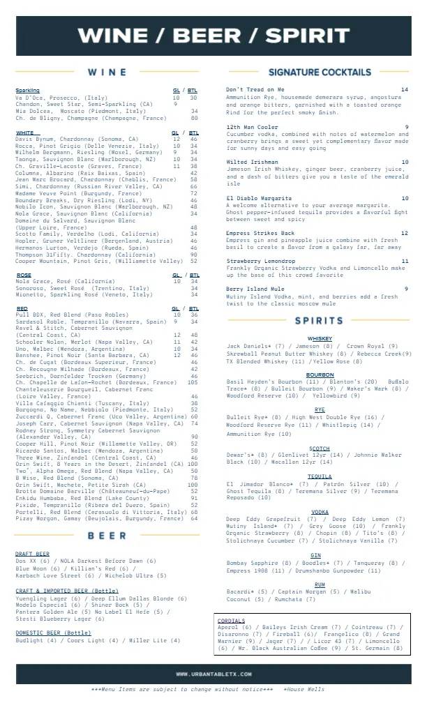 Urban Table wine menu