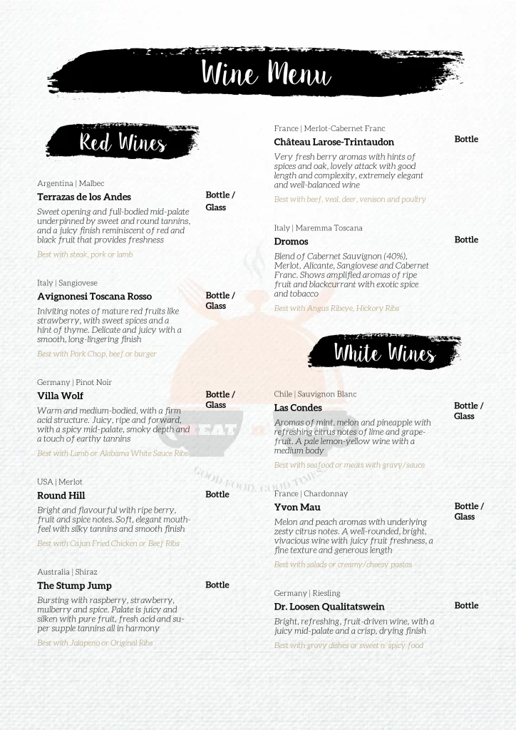Meat n’ Chill Singapore wine menu