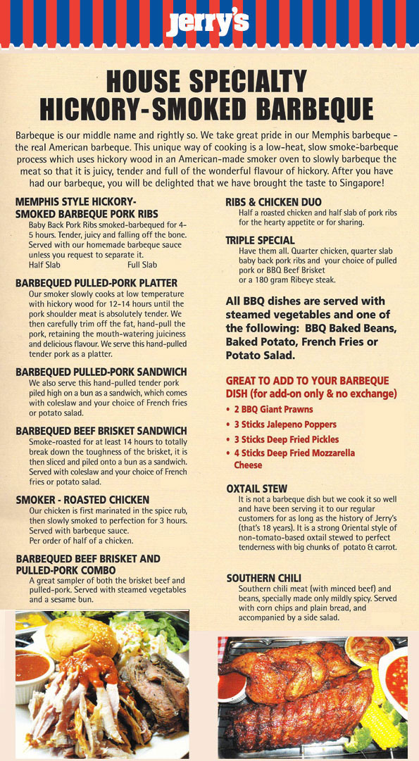 Jerry’s BBQ & Grill with  smoked barbeque Menu Singapore 2022