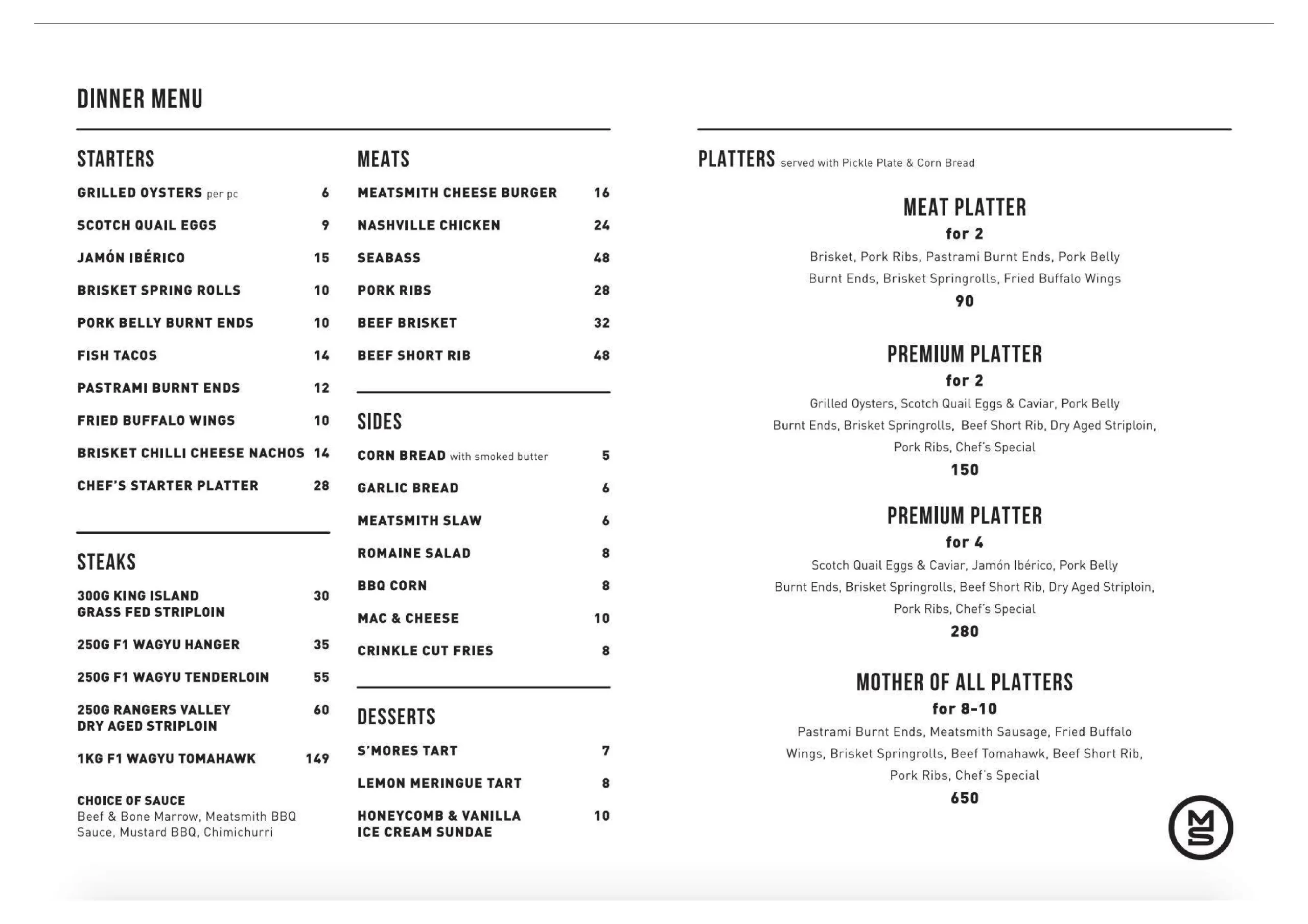 Meatsmith Telok Ayer Dinner Menu