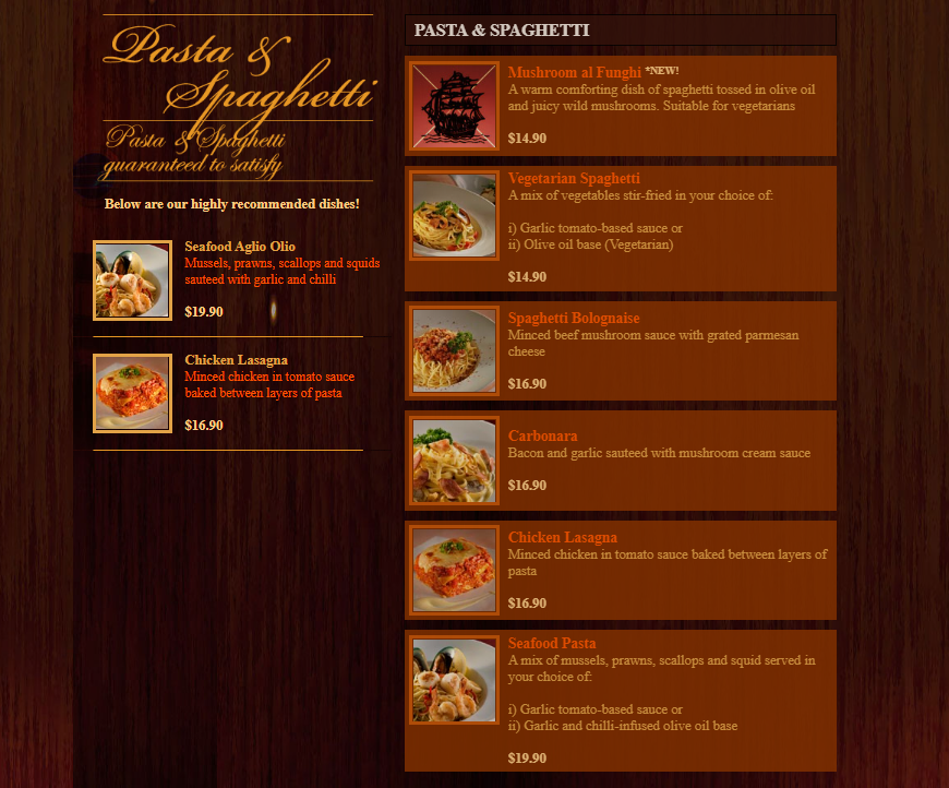 Ship Restaurant Pasta & spaghetti menu