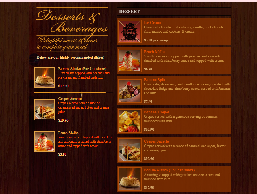Desserts & Beverages menu