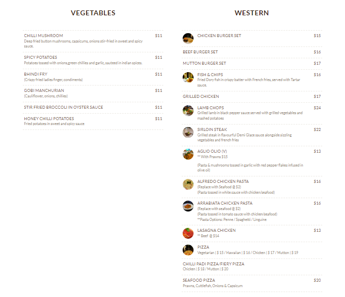 Forests Vegetable & Western Menu