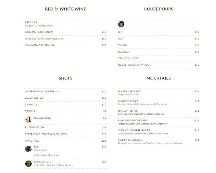 foresto wine & mocktails menu