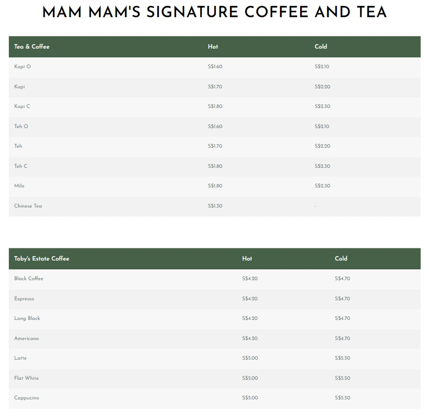 Signature coffee and tea menu