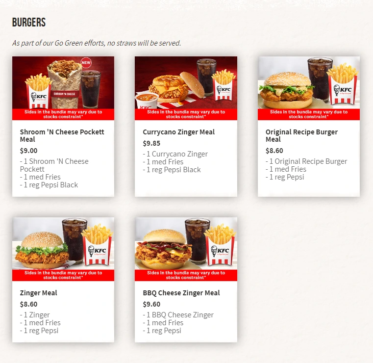 Kfc Burgers for 1 menu