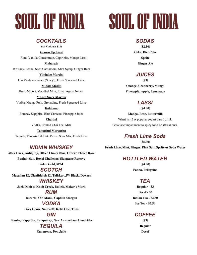 cocktails soda & juice menu