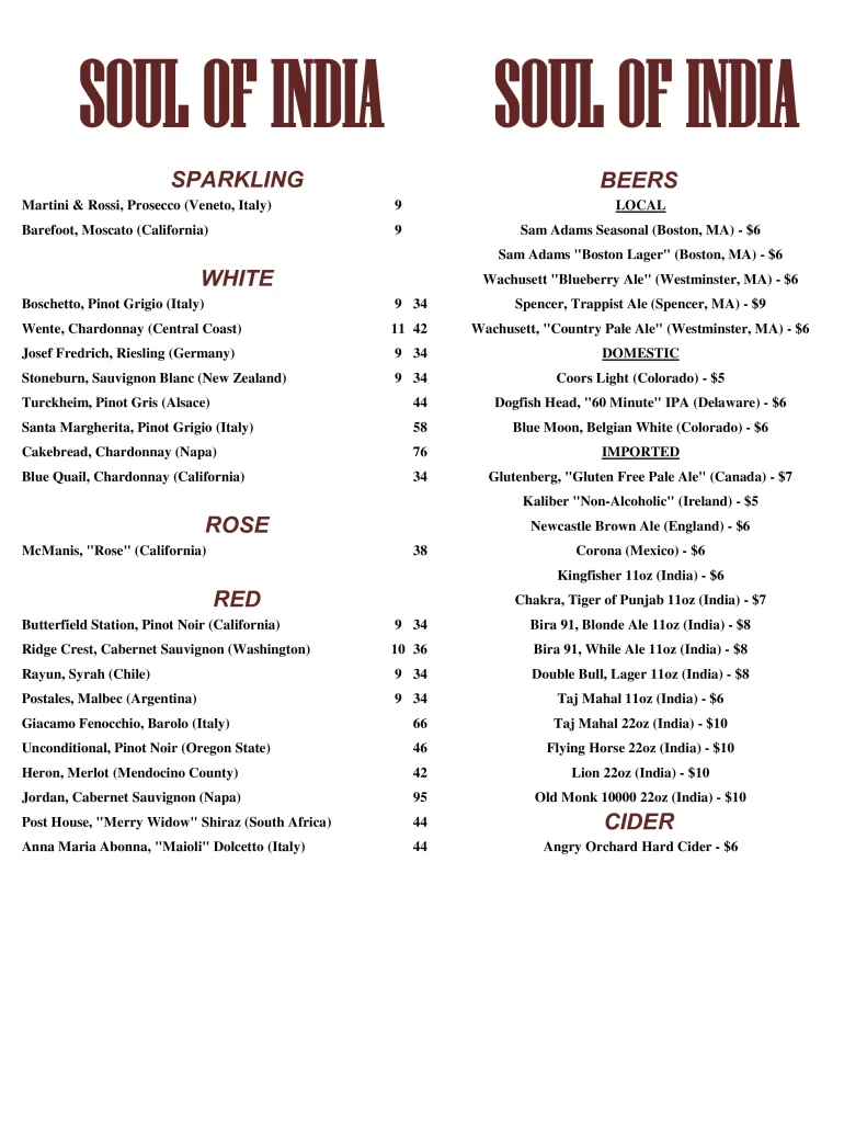 soul of india beer & wine menu