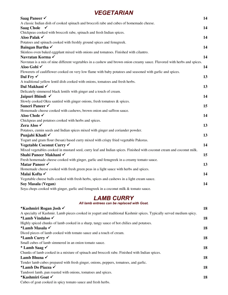 Soul of india vegetarian menu