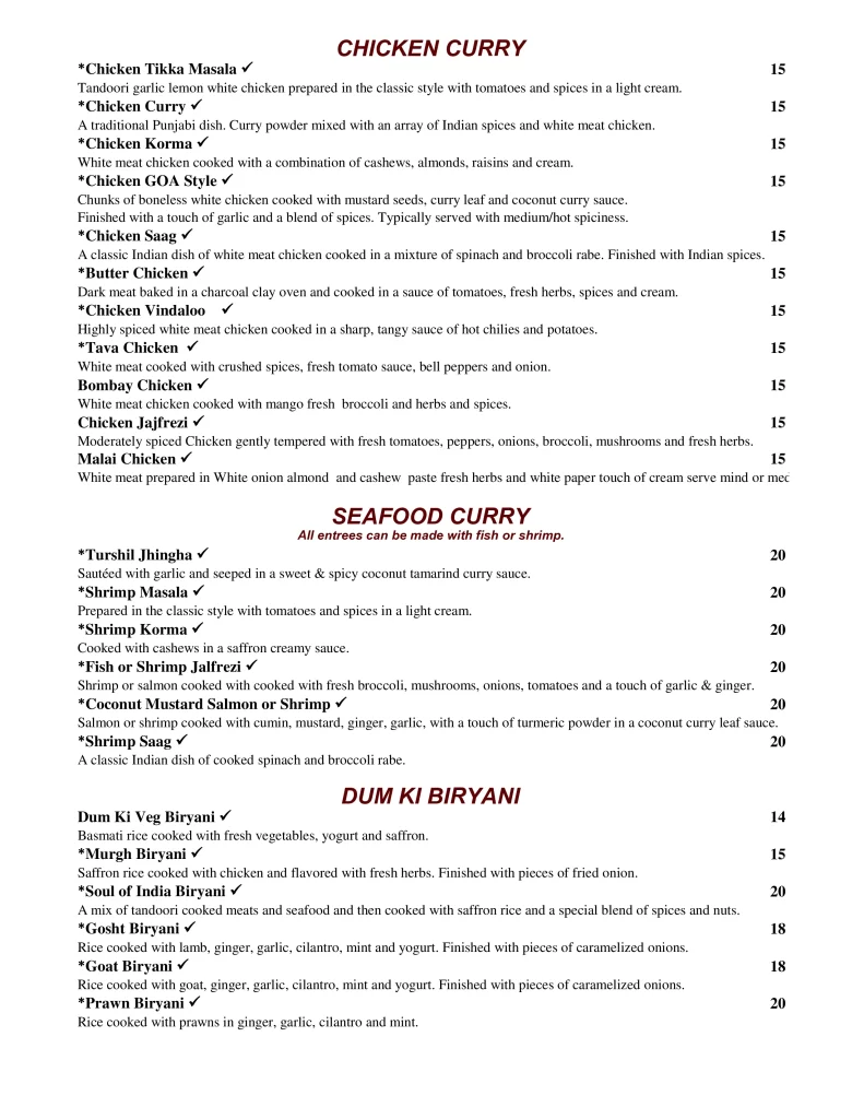 Soul of India curry 7 Biryani menu