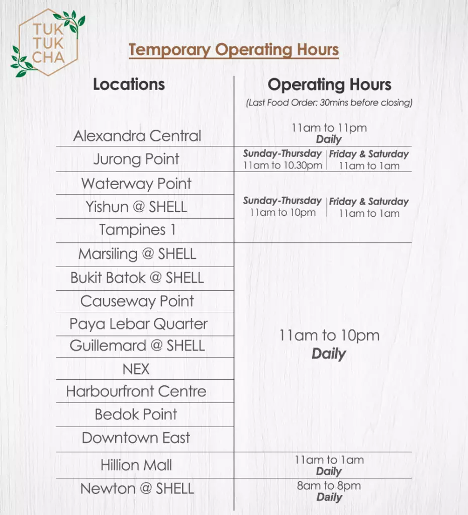Tuk Tuk Cha Locations & Opening Hours