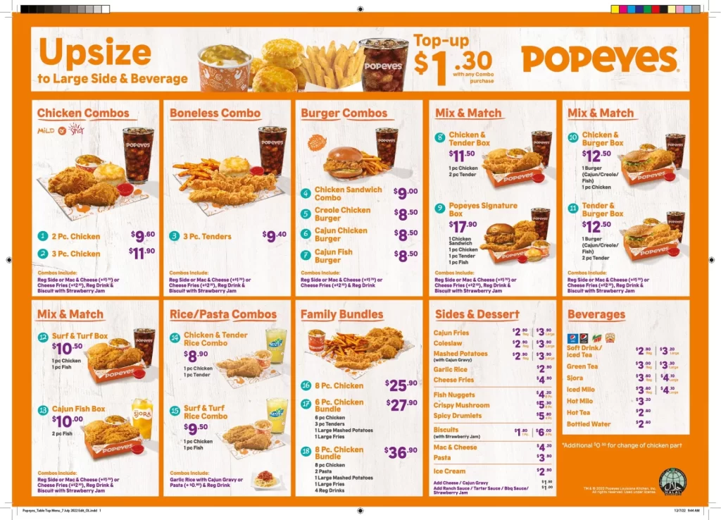 Latest Popeyes Menu, Prices & Outlets Singapore 2024