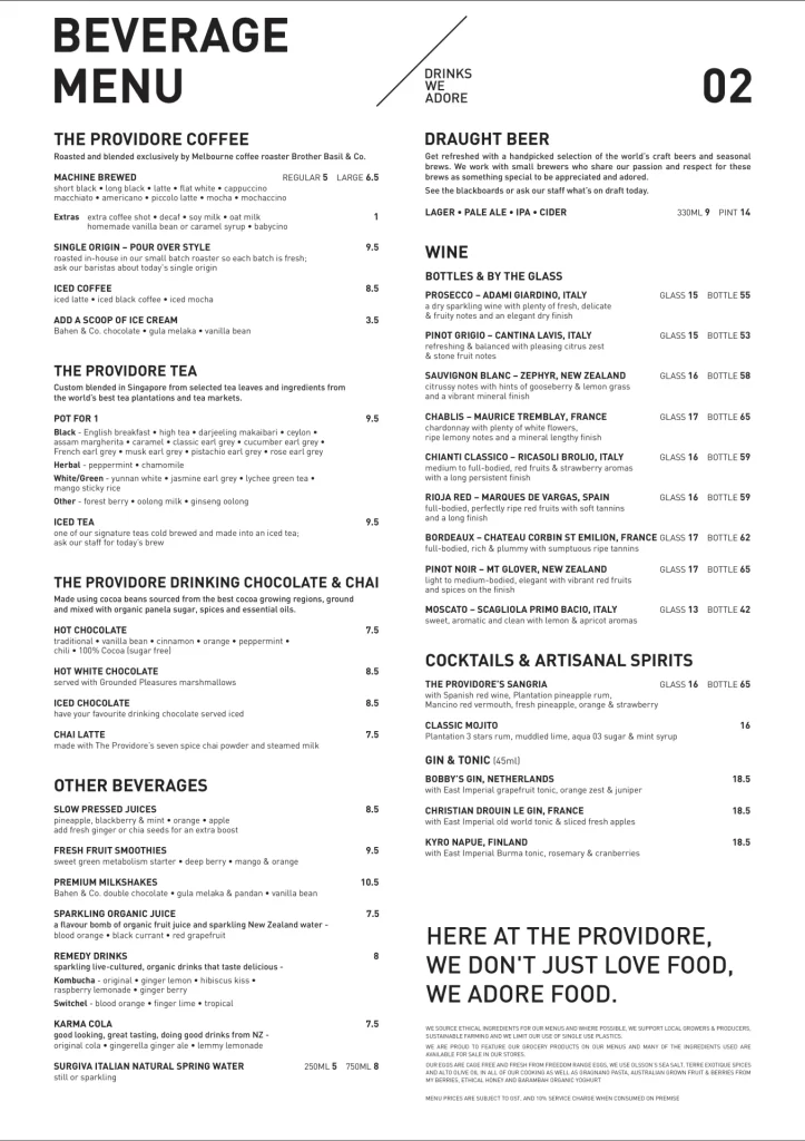 Providore Beverages menu