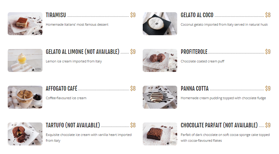 Al Forno Desserts Prices