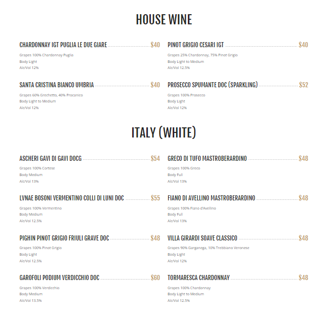 Al Forno White Wine Menu