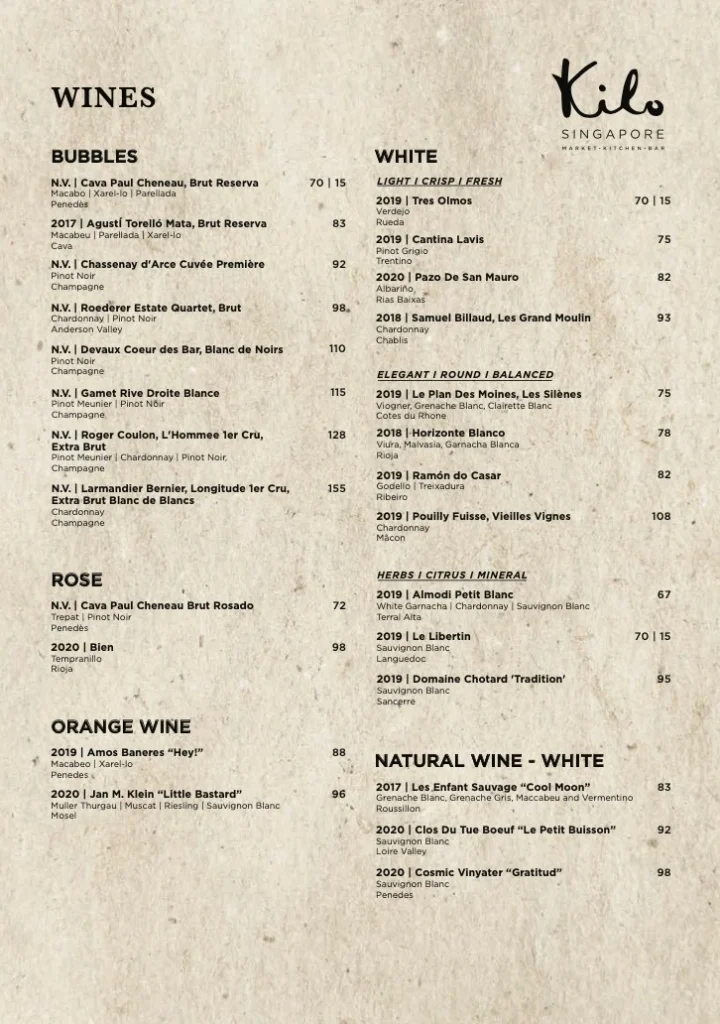 kilo wines menu