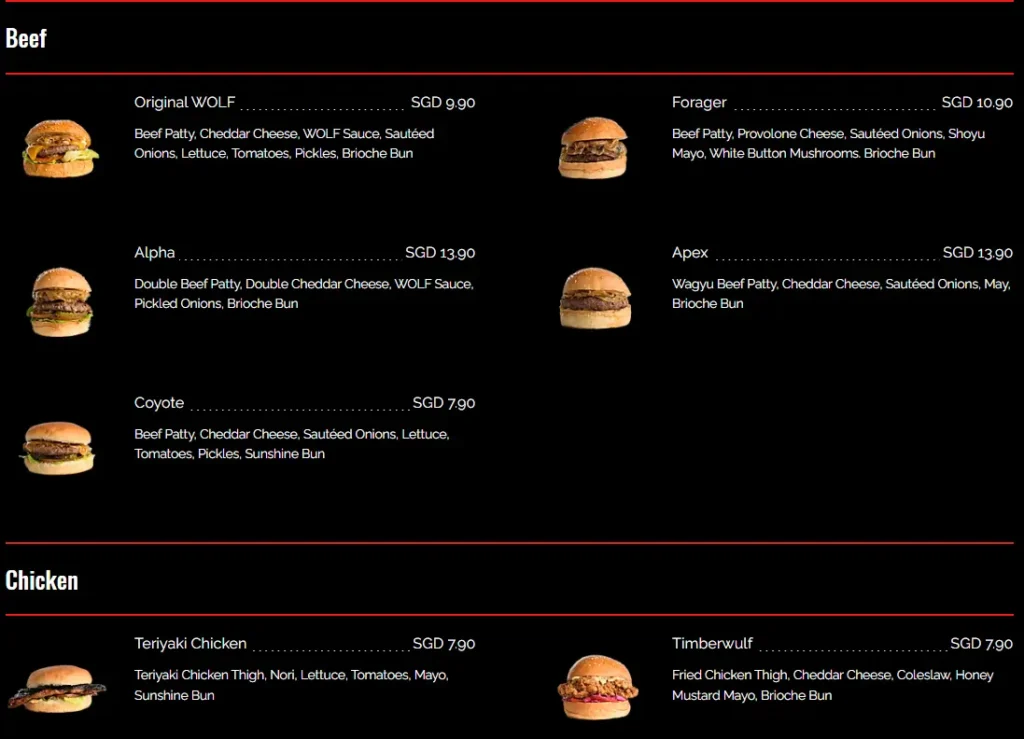 Wolf Burgers menu prices